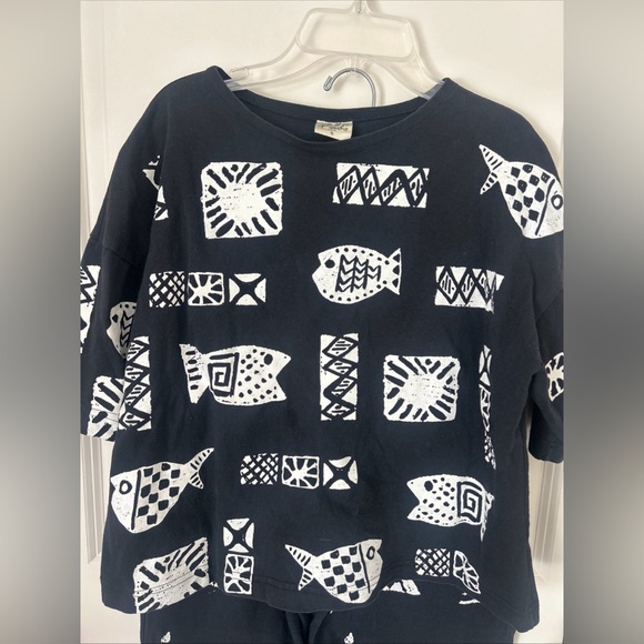 Vintage 80s Cotton Fields Black White  Graphic Fish Pant Top Set  Beach S/M - Picture 2 of 10